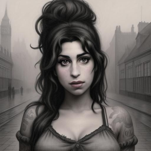 Amy Winehouse in Misty 1880s London: Charcoal Drawing