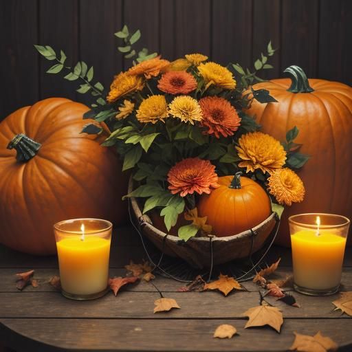 Cozy Autumn Still Life with Pumpkins and Dahlias