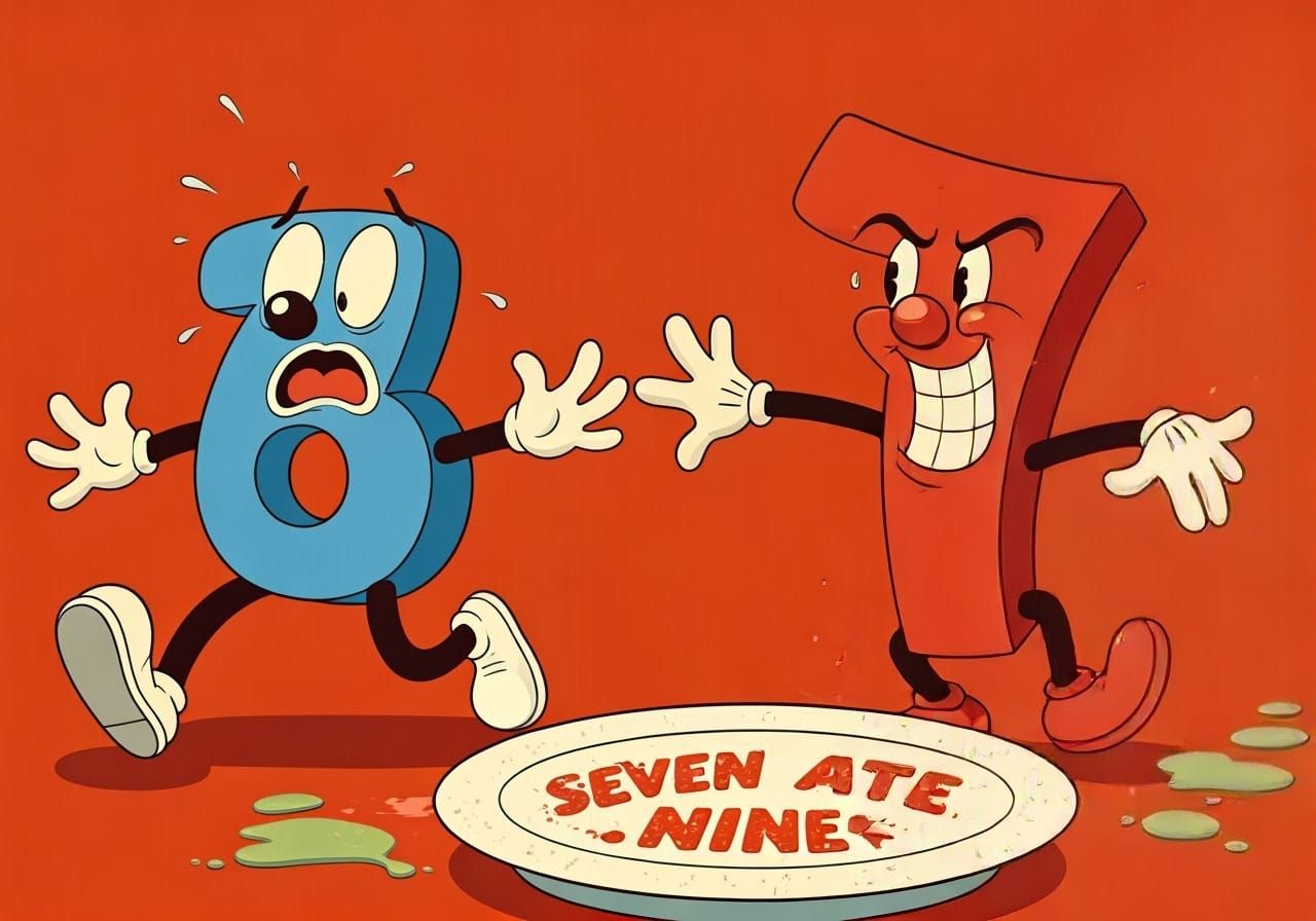 Frightened Six Running from Seven in Cartoon Style