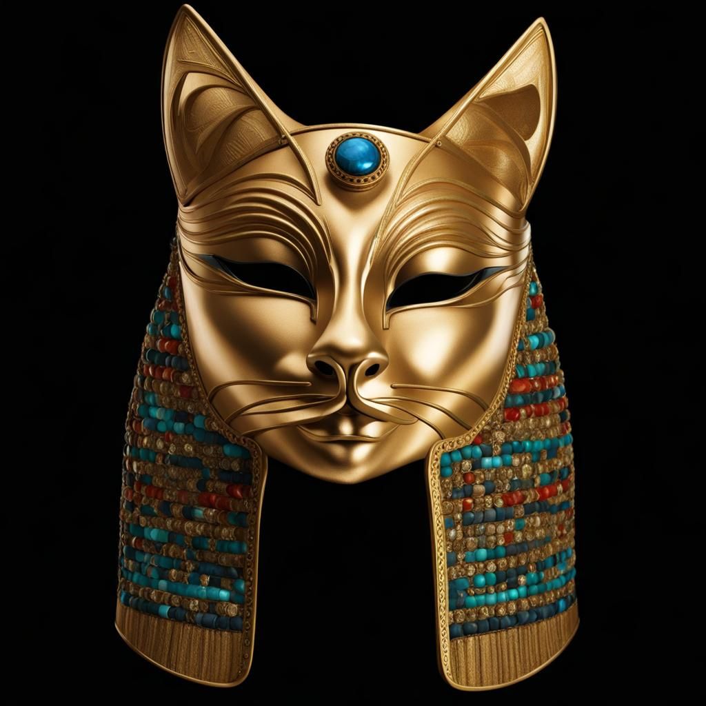 Ornate Egyptian Cat Mask in Gold and Jewels