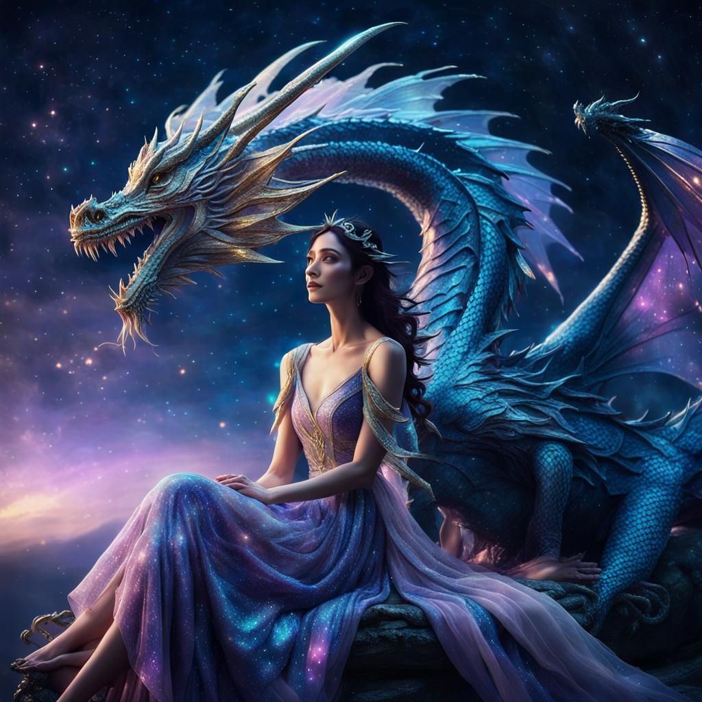Fairy on Dragon in Starry Night, Cinematic Style