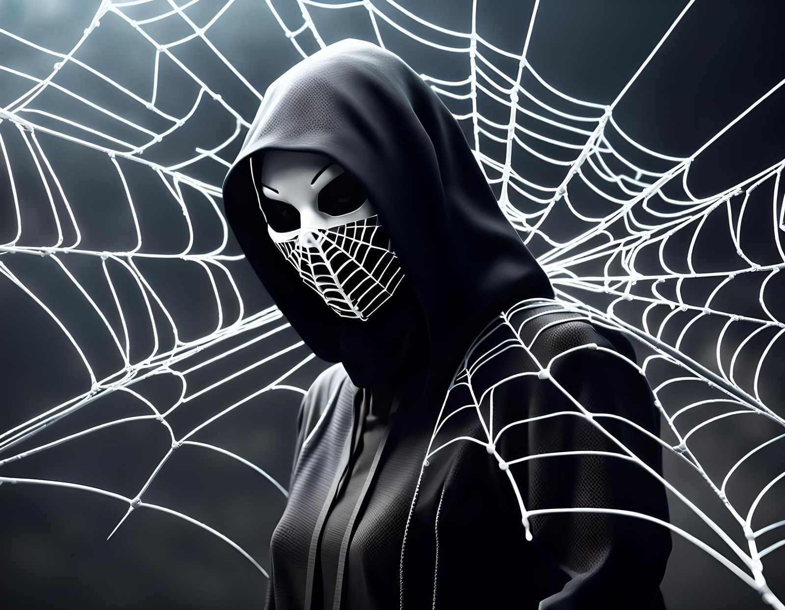 Woman in Mask Hidden Behind Spider Web