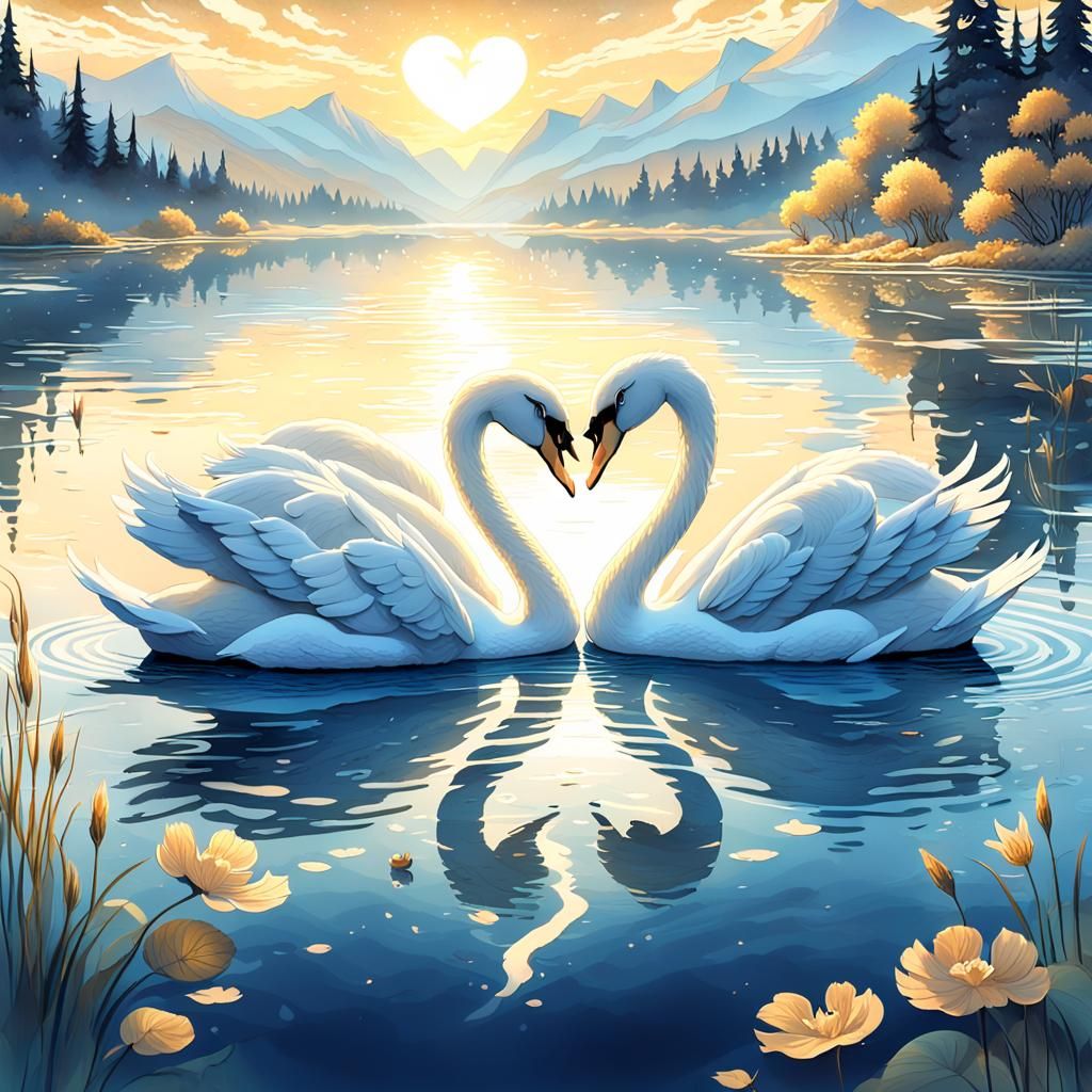Surreal Swans Form Heart Shape on Serene Lake in Fantasy Sce...
