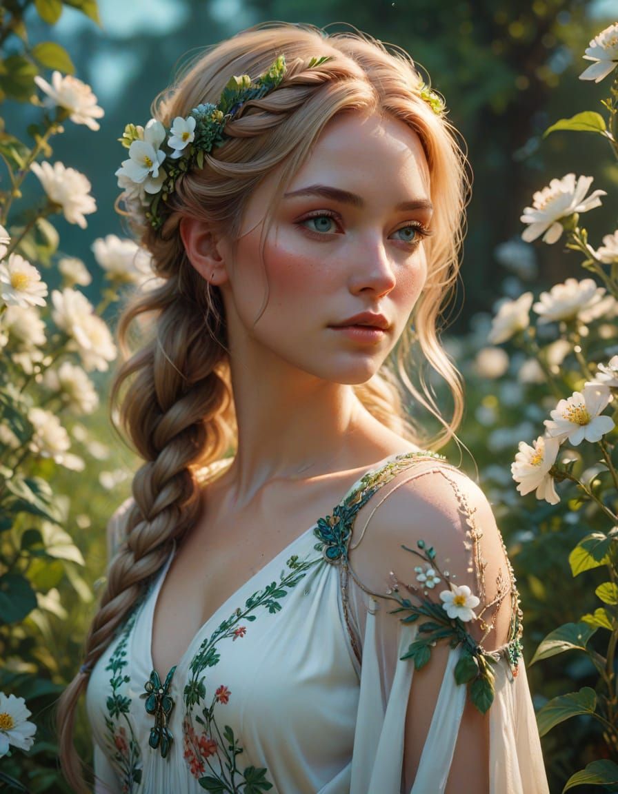 Ethereal Young Woman in Floral Braid and Dress, Standing in ...