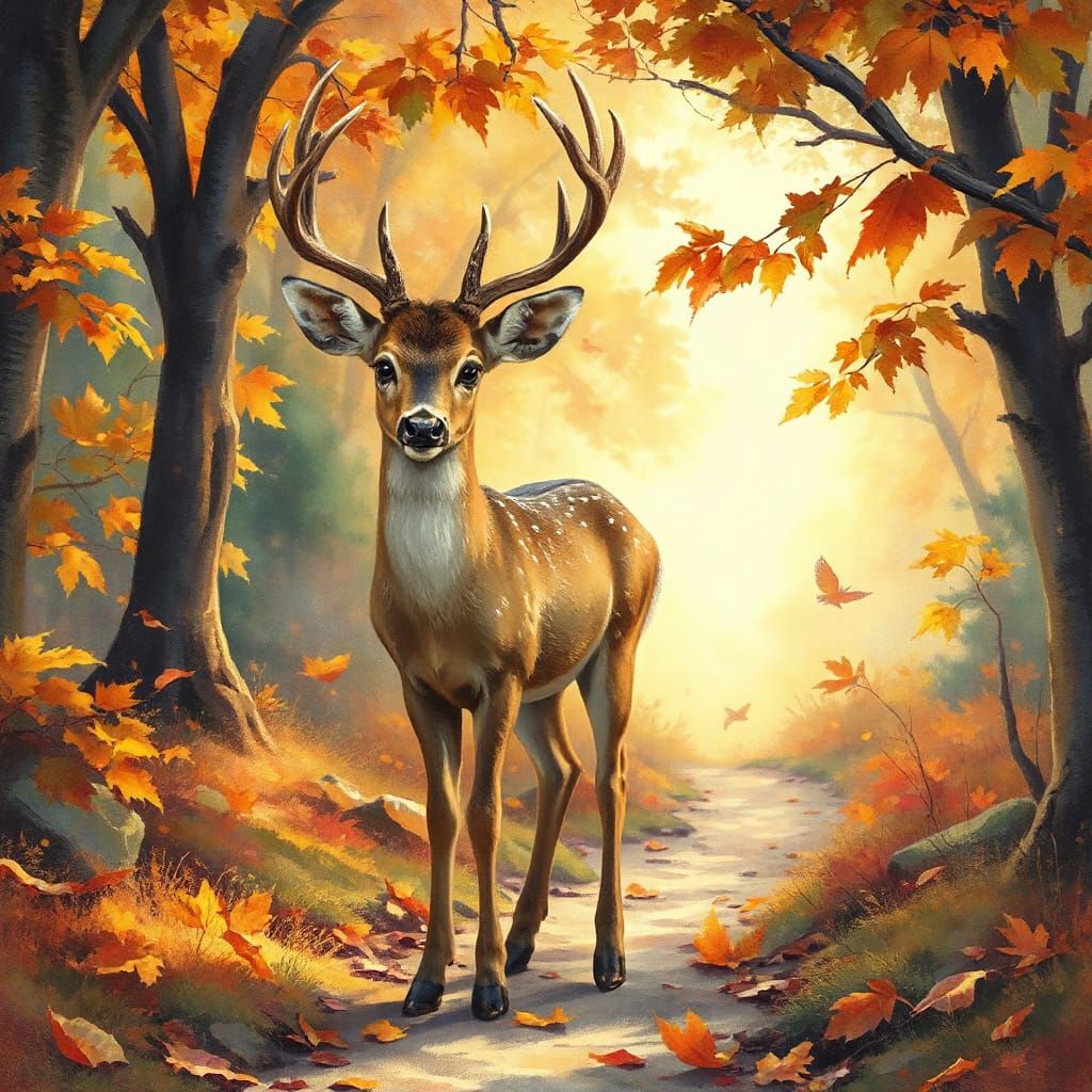 Dreamlike Autumn Forest Scene with a Deer in Vibrant, Kaleid...