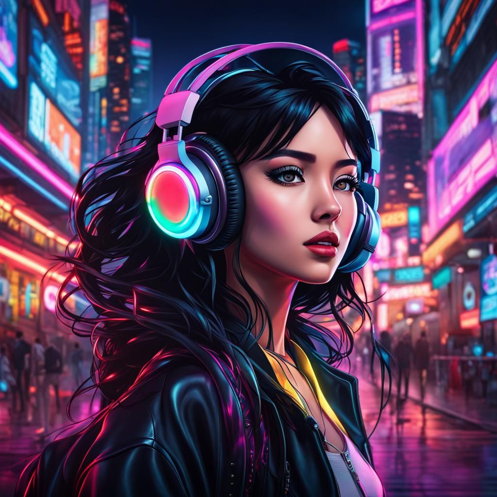Anime Woman Dancing in Retro Neon City