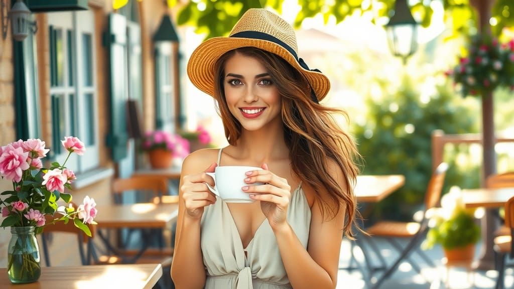French Cafe Scene: Woman Sipping Coffee in Watercolor Style
