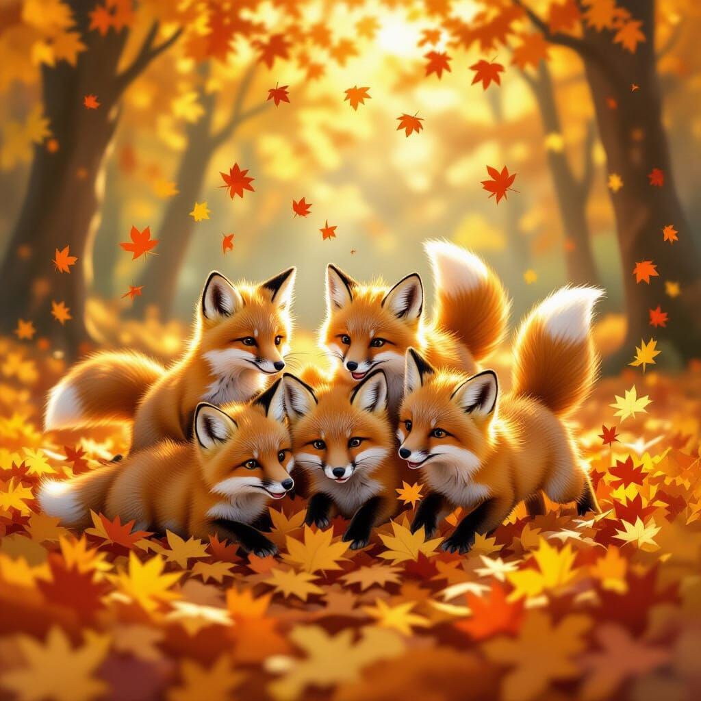 Playful Fox Cubs in Autumn Forest Clearing