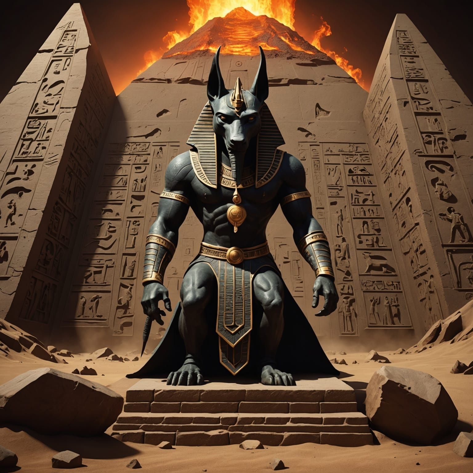 3D Anubis Emerges from Volcano with Hieroglyphs