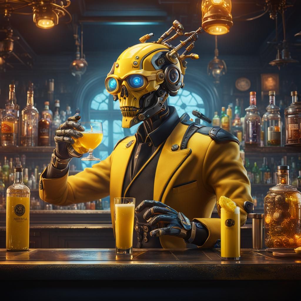 Cyborg Bartender in Detailed Matte Painting