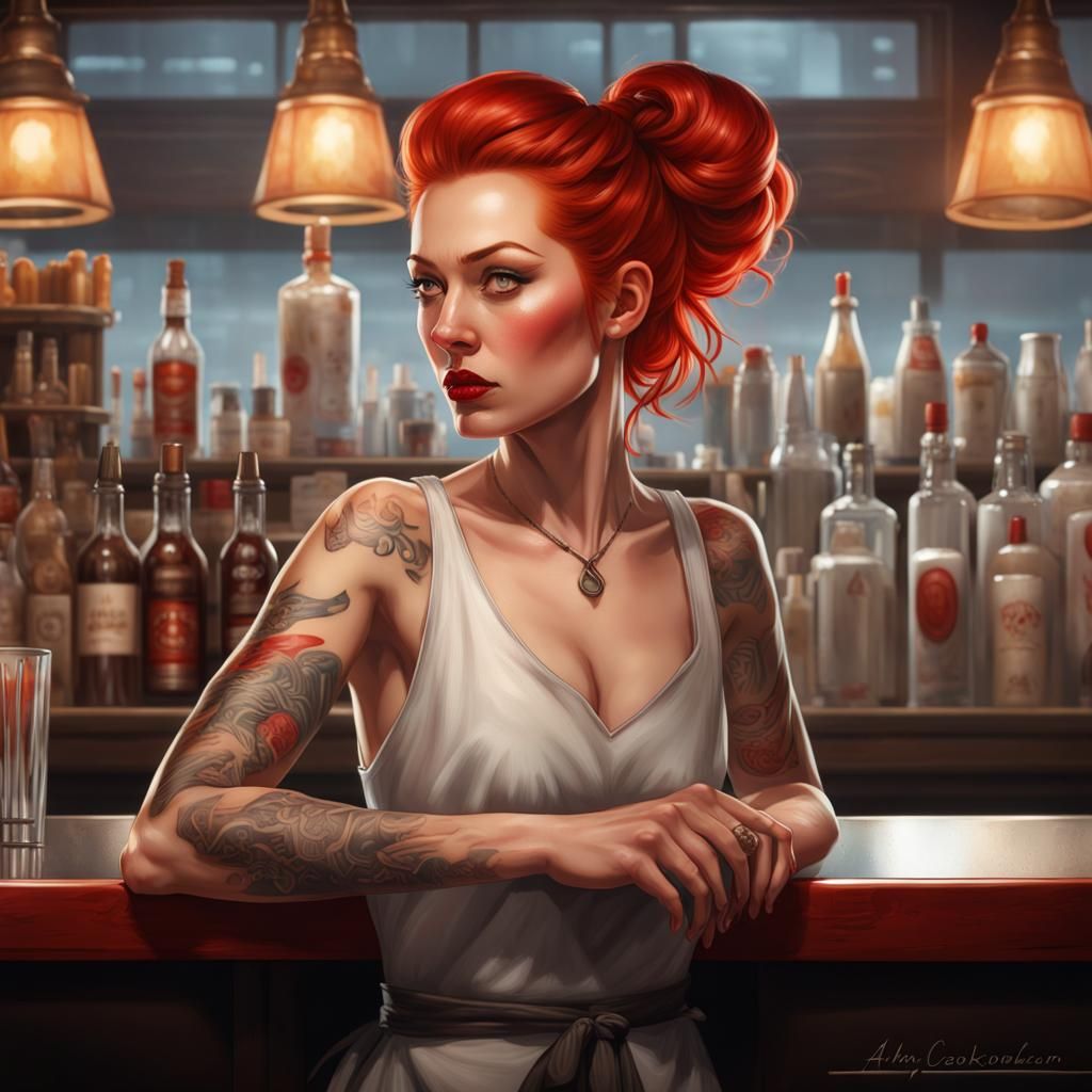 Redhead Barista Portrait by Greg Rutkowski, Artgerm, WLOP