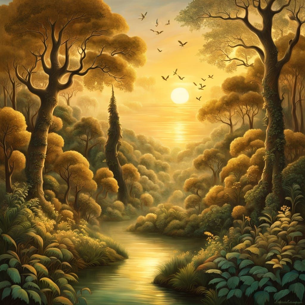 Mystical Forest Landscape in Naïve Art Style