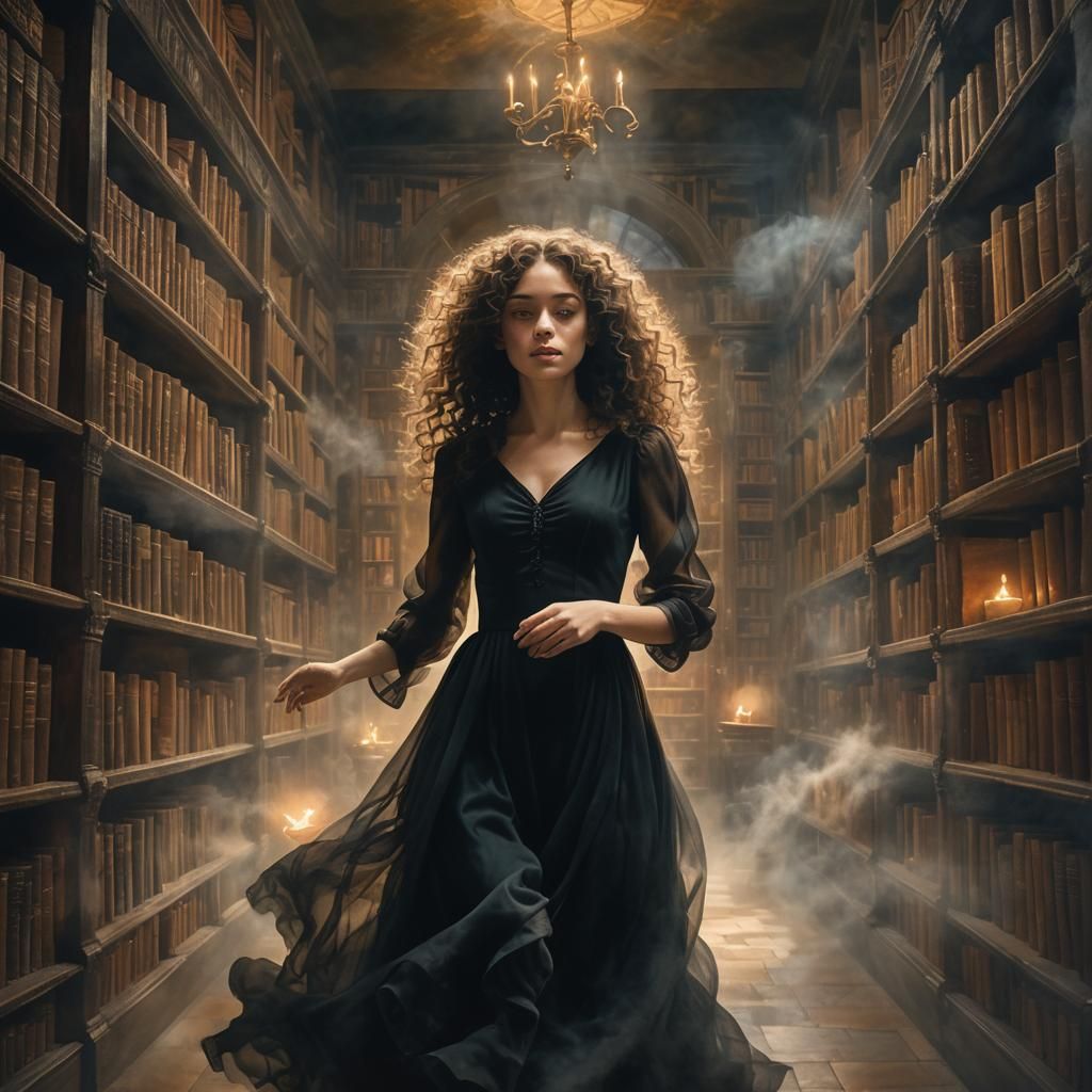 Ethereal Woman Floats in Ancient Library: Surreal Oil Painti...