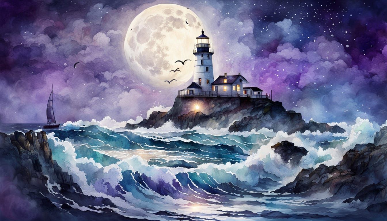 Moonlit Lighthouse in Watercolor Splash Art Style