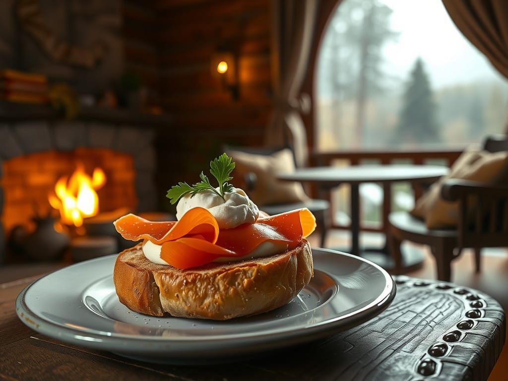 Cozy Cabin Scene with Smoked Salmon Bagel
