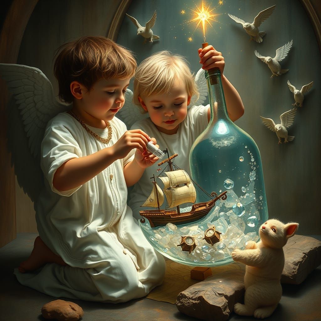 Child Plays with Miniature Ship in Heavenly Room