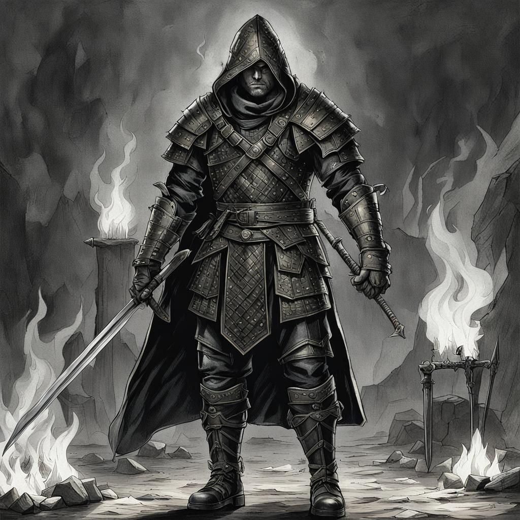 Hooded Warrior with Swords Before Fire