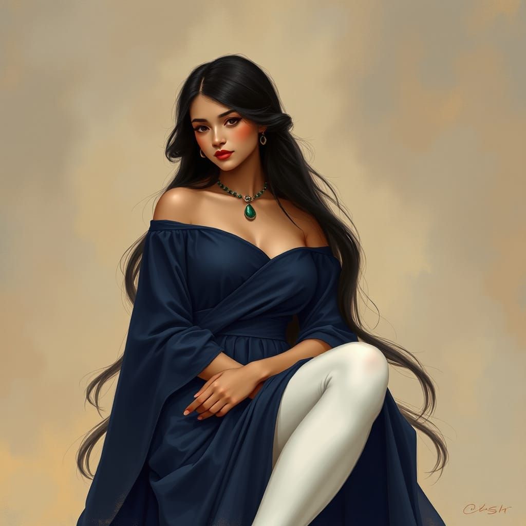 Elegant Young Woman in Navy Blue Frock with Whimsical Illust...