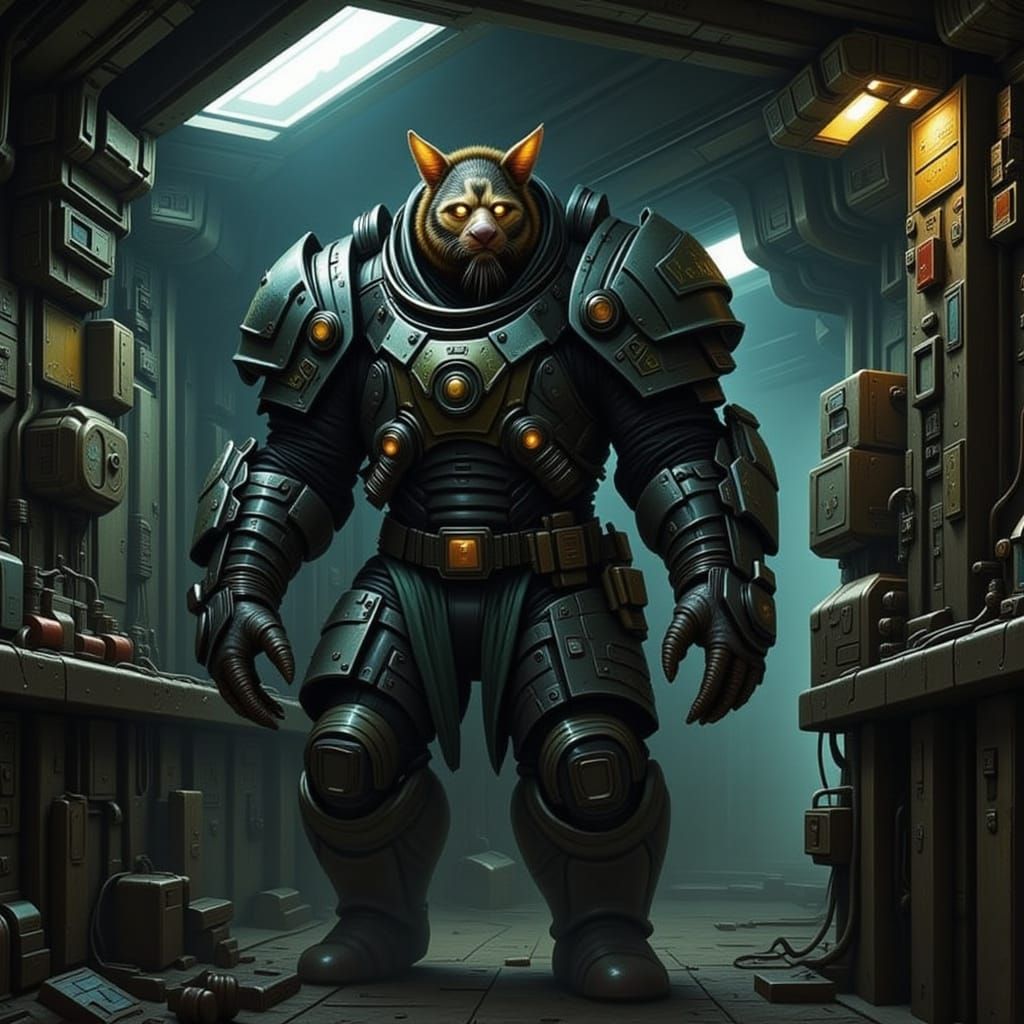 Weary Space Marine Pacing Berth in Neo-Noir Sci-Fi Style