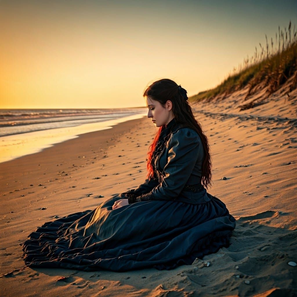 Victorian Figure Contemplates Sunset on Nags Head Beach