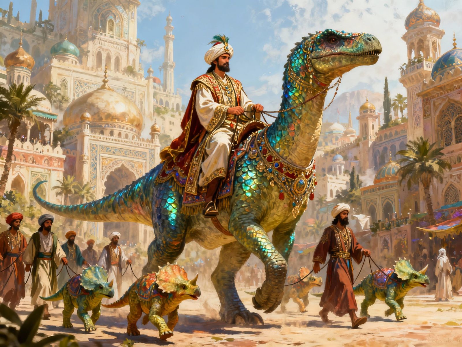 Pasha Rides Decorated Dinosaur Through Fantasy City