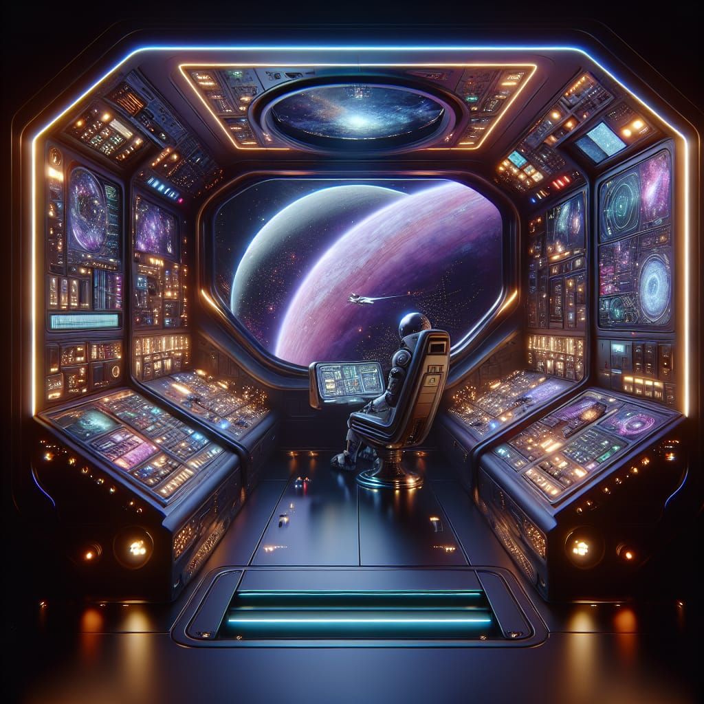 Futuristic Spaceship Cockpit with Planet View as Detailed Ma...