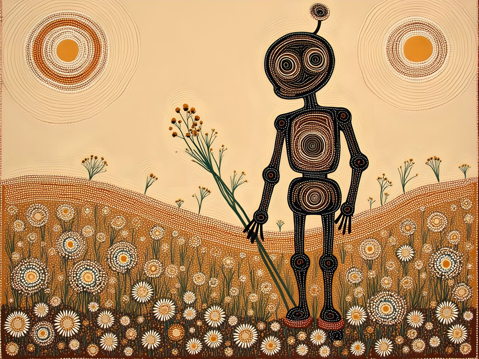 Cute Paleolithic Robot in Daisy Field