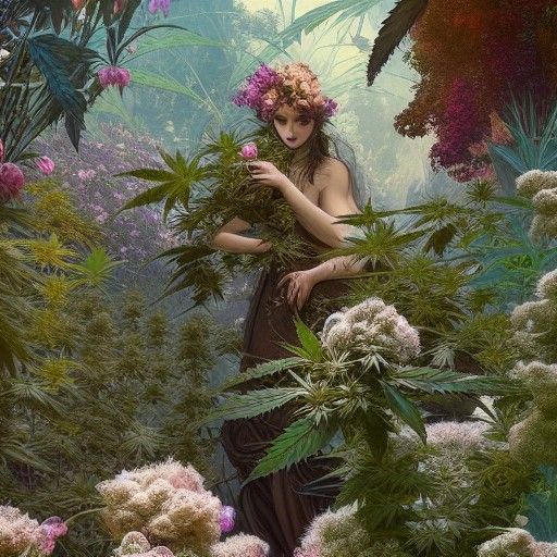 Goat and Cannabis Garden in Alphonse Mucha Style