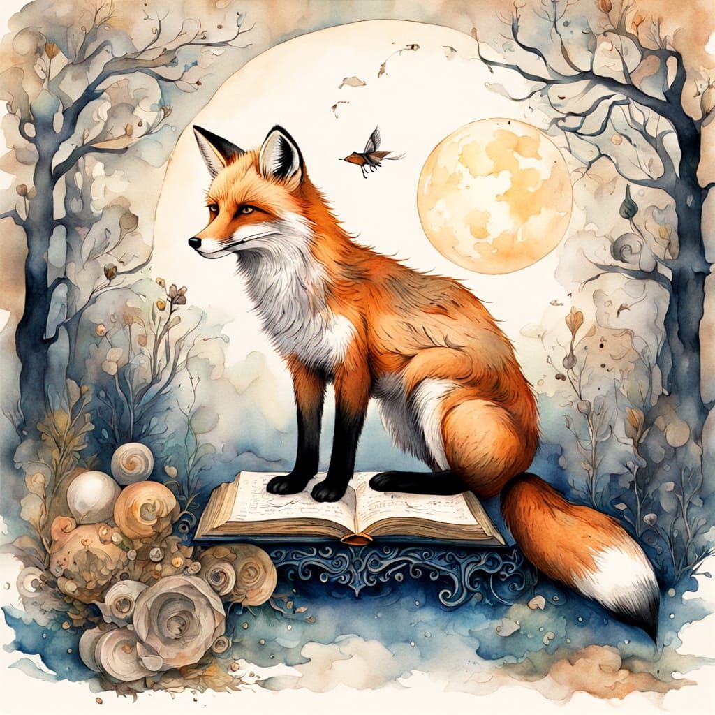 Galactic Fox Writes Runes on Moonlight Parchment