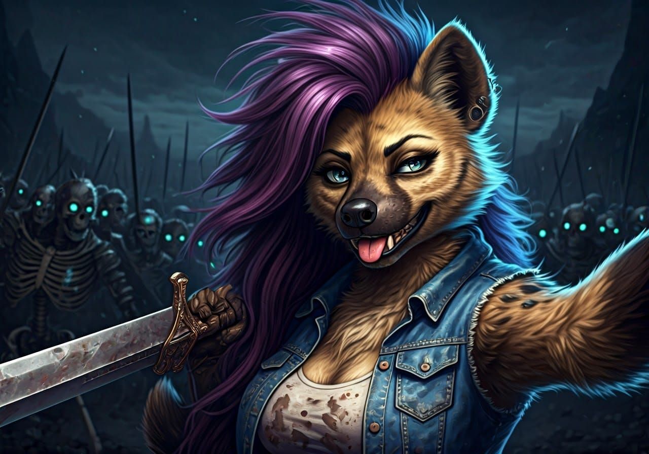 Feminine Hyena Warrior Unleashes Fury in Punk-Rock Attire