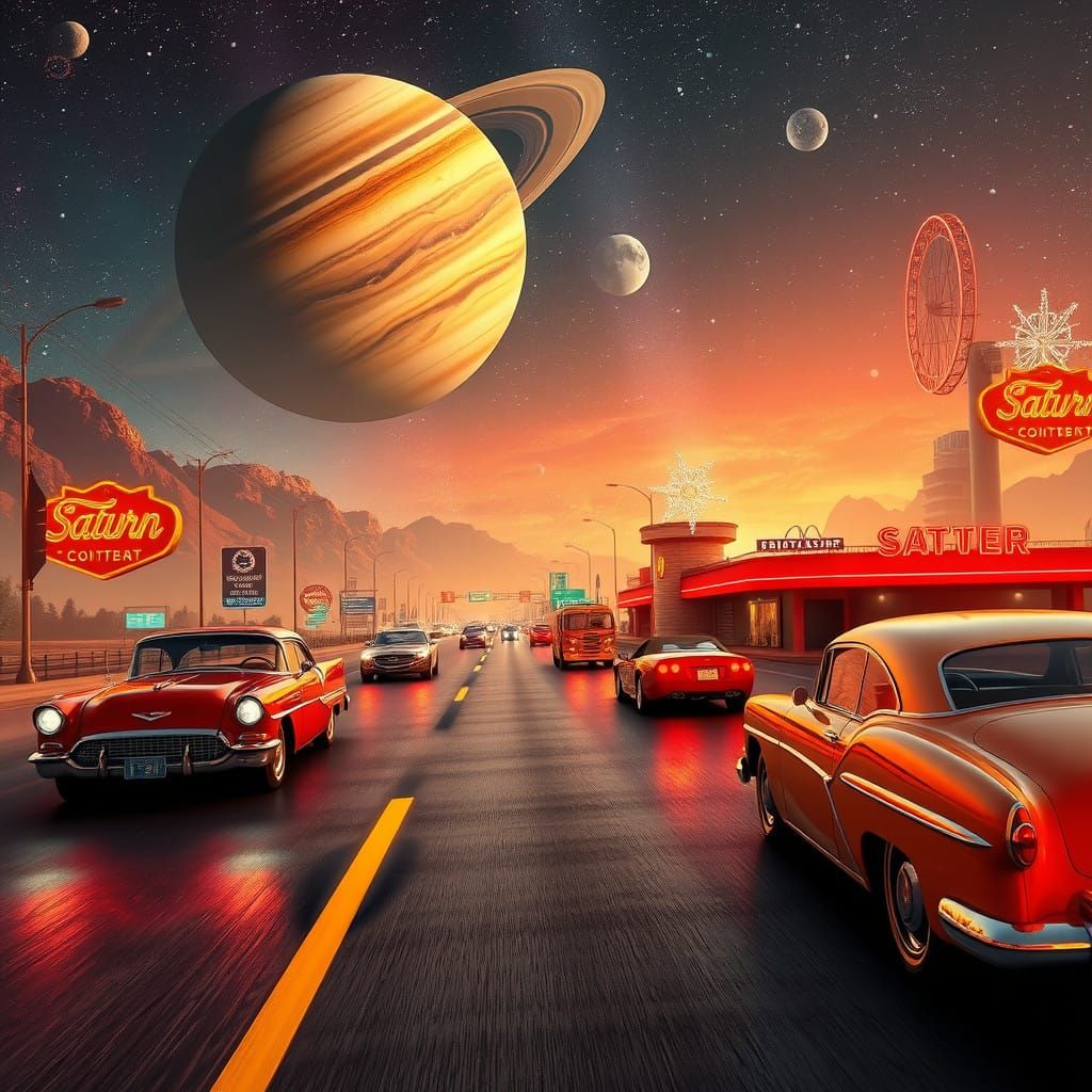 Retro Futuristic Highway Meets Cosmic Horizon in Cyberpunk S...