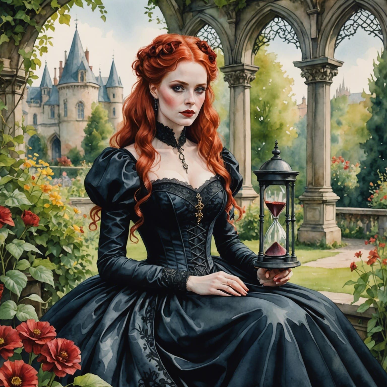 Red-Haired Woman in Garden, Watercolor Gothic Style