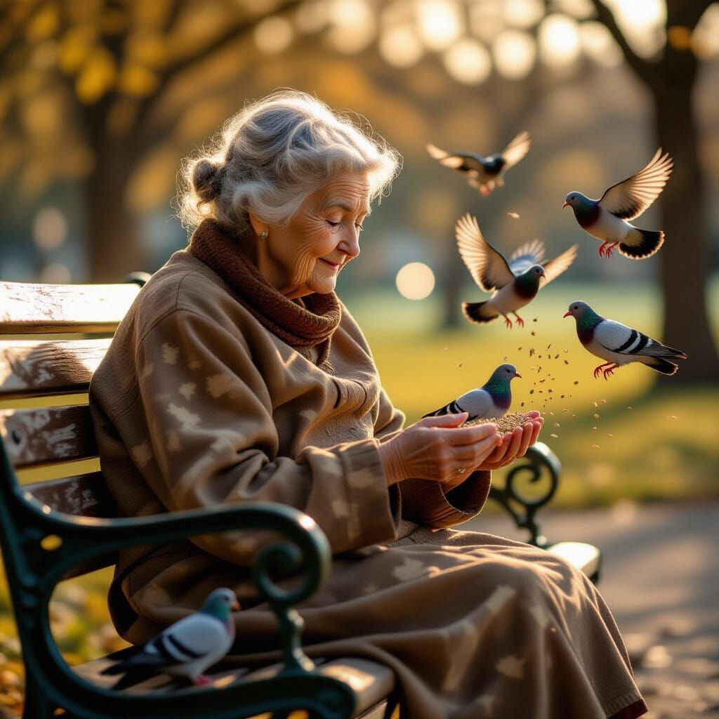 Elderly Woman Feeds Pigeons in Golden Hour Park