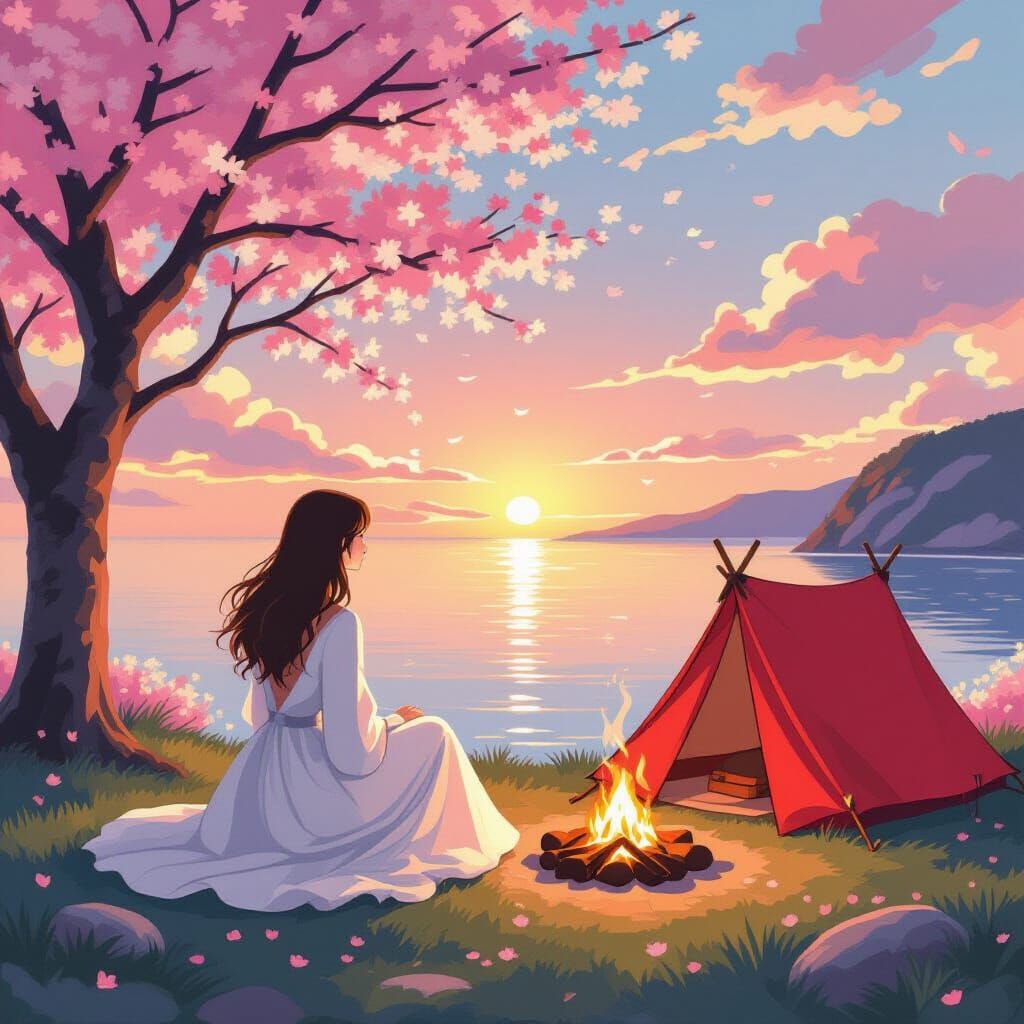 Romantic Sunset Scene with Woman and Campfire