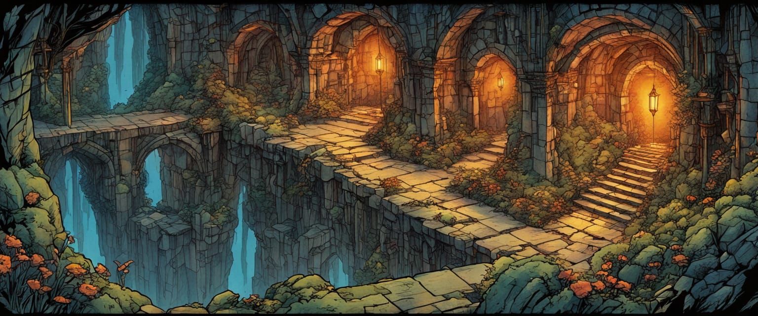 D&D Dungeon Map with Tunnels and RPG Elements