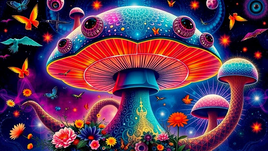 Surreal Psychedelic Universe with Radiant Mushroom at Its Co...