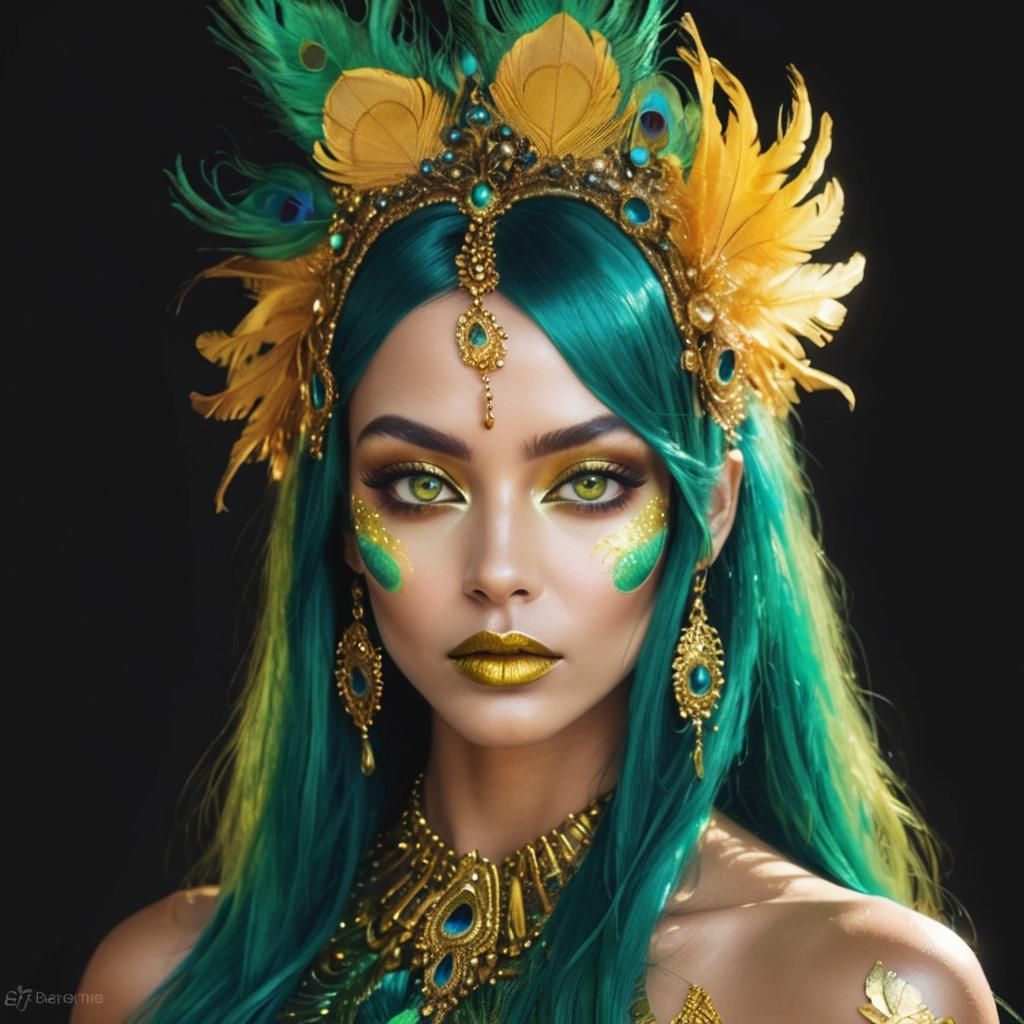 Golden Woman with Peacock Feathers in Visionary Art