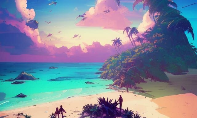 Pirates on a Beach with Colorful Sky