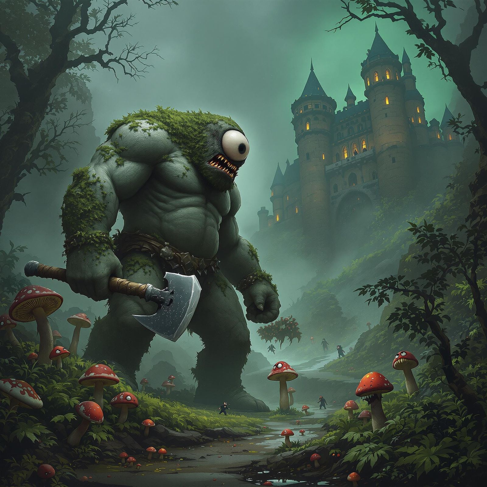 Towering Cyclops Confronts Menacing Ogre in Mysterious, Mist...