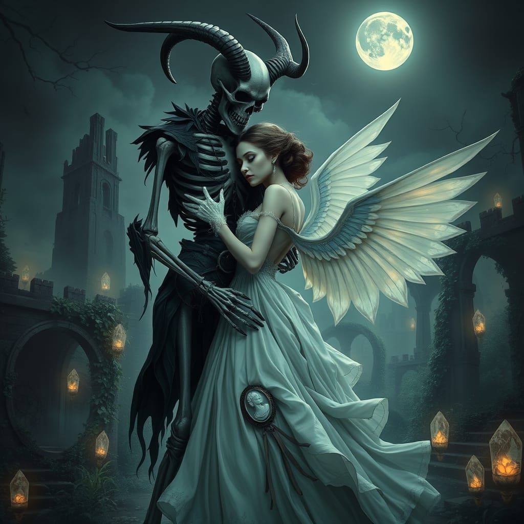 Gothic Embrace: Skeletal Figure in Moonlit Dreamscape