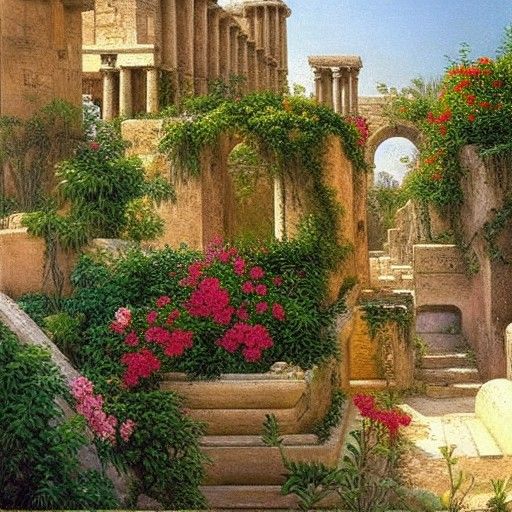 Greek Village Street with Hanging Gardens, Oil Painting
