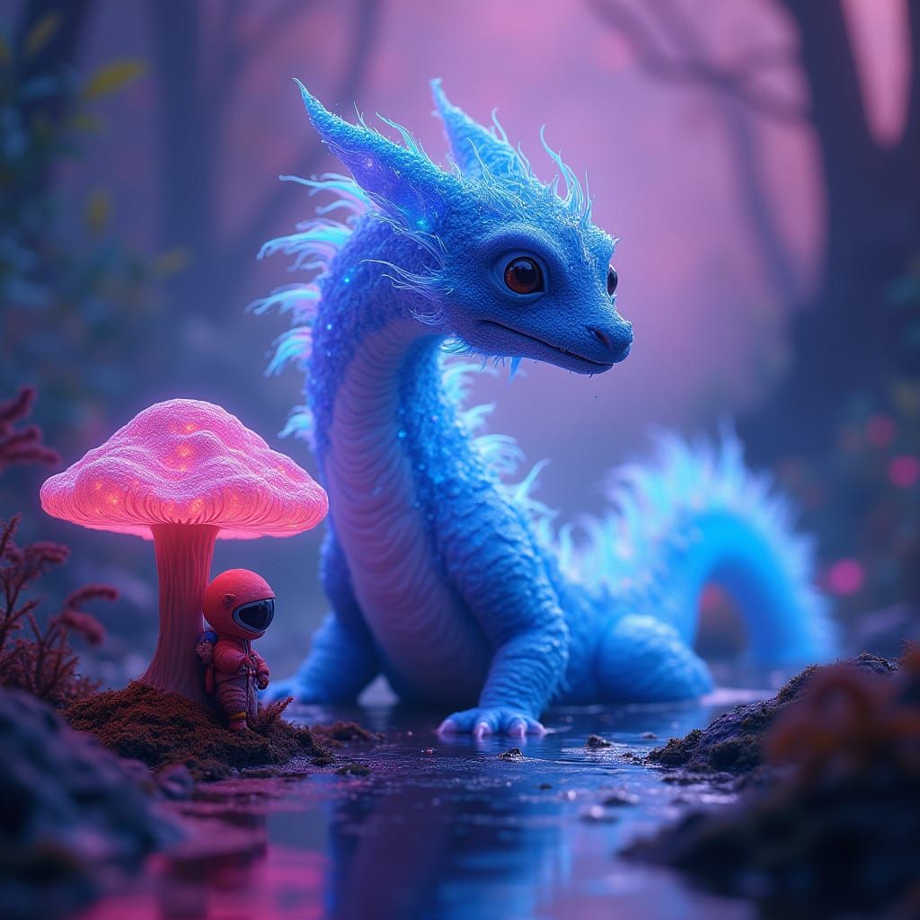 Ethereal Plasma Dragon in Bioluminescent Swamp, Cute Kitten ...