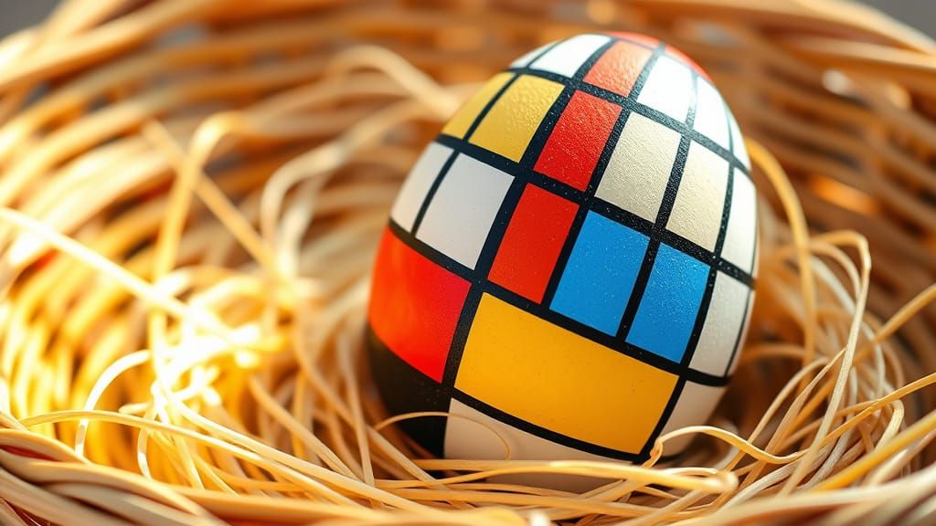 Mondrian-Inspired Easter Egg in a Natural Woven Basket