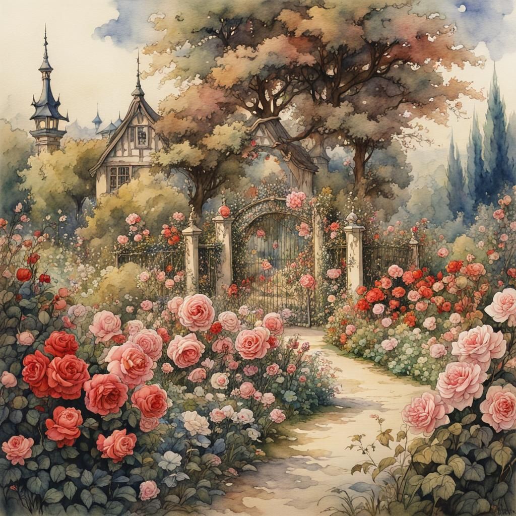 Fairytale Rose Garden in Watercolor Style