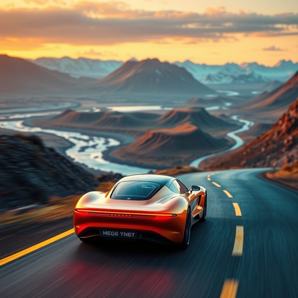 Futuristic Car in Iceland at Sunset, 8K Concept Art