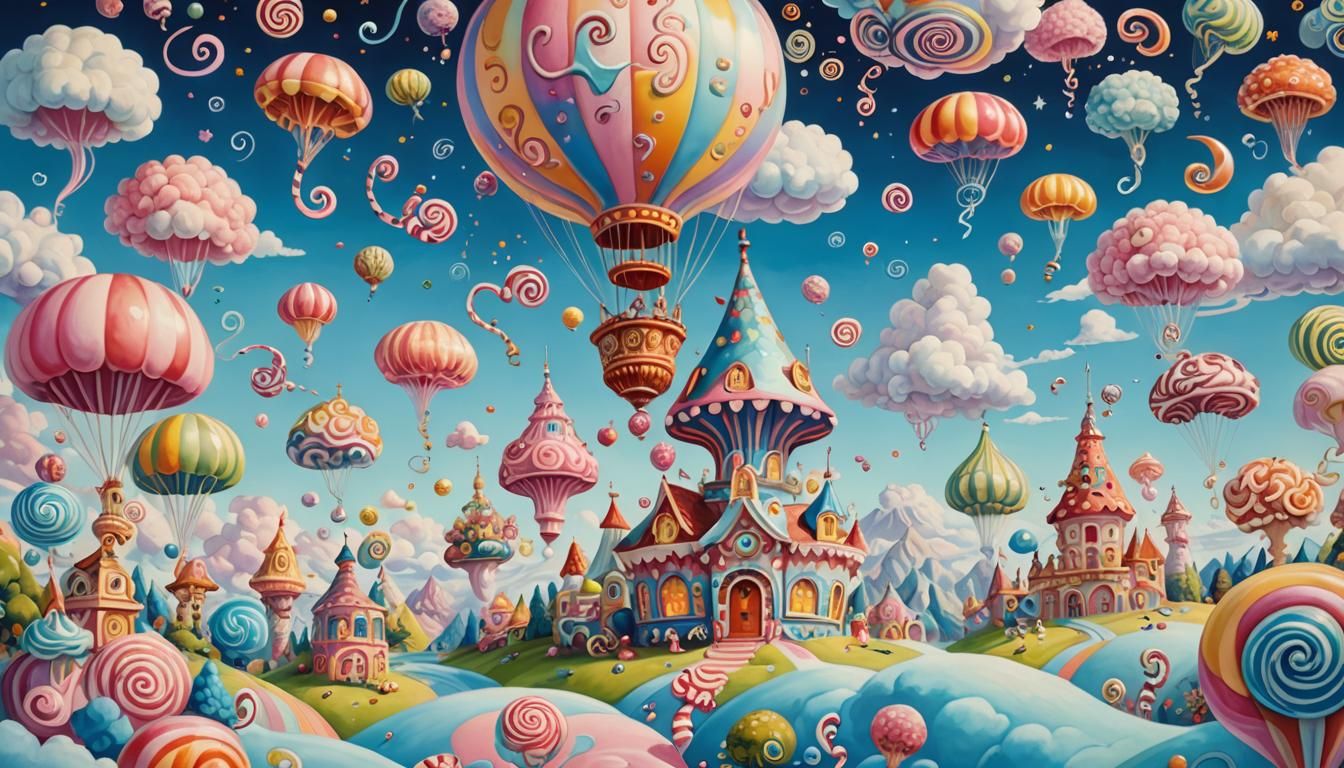 Candyland Wonderland with Floating Creatures in Pop Surreali...