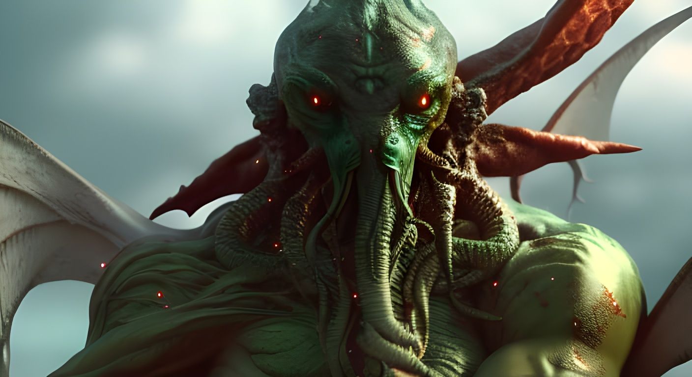 Winged Cthulhu on Alien Planet in Analog Style