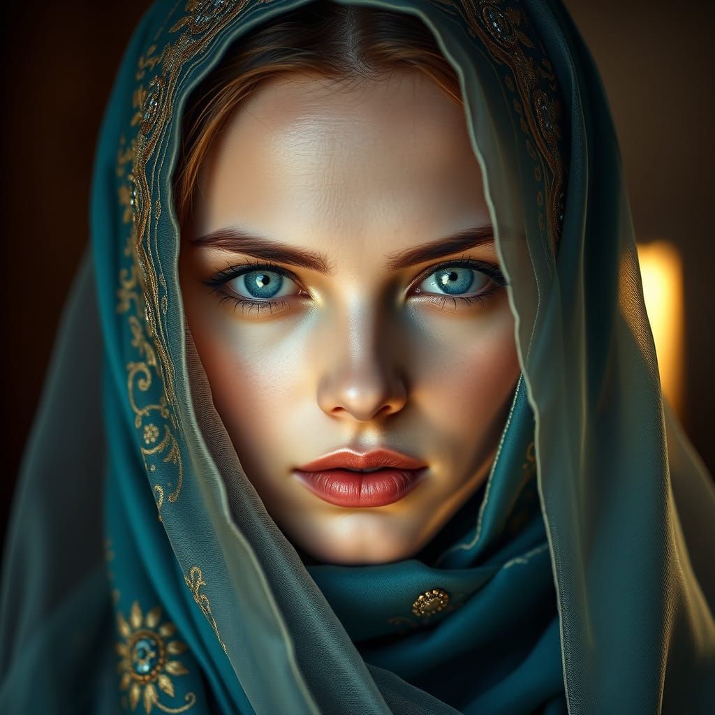 Young Woman with Captivating Blue Eyes in Baroque Style