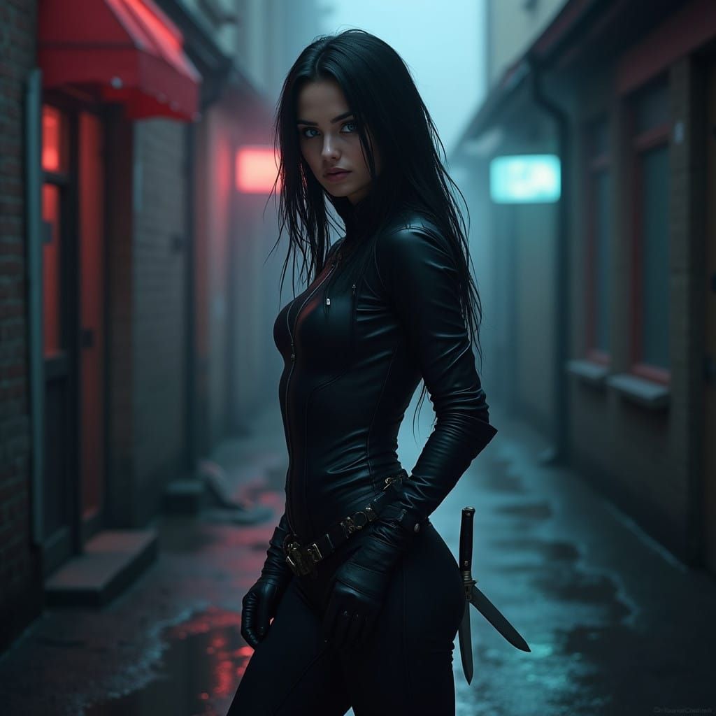 Hyperrealistic Norwegian Female Assassin in Sleek Black Leat...