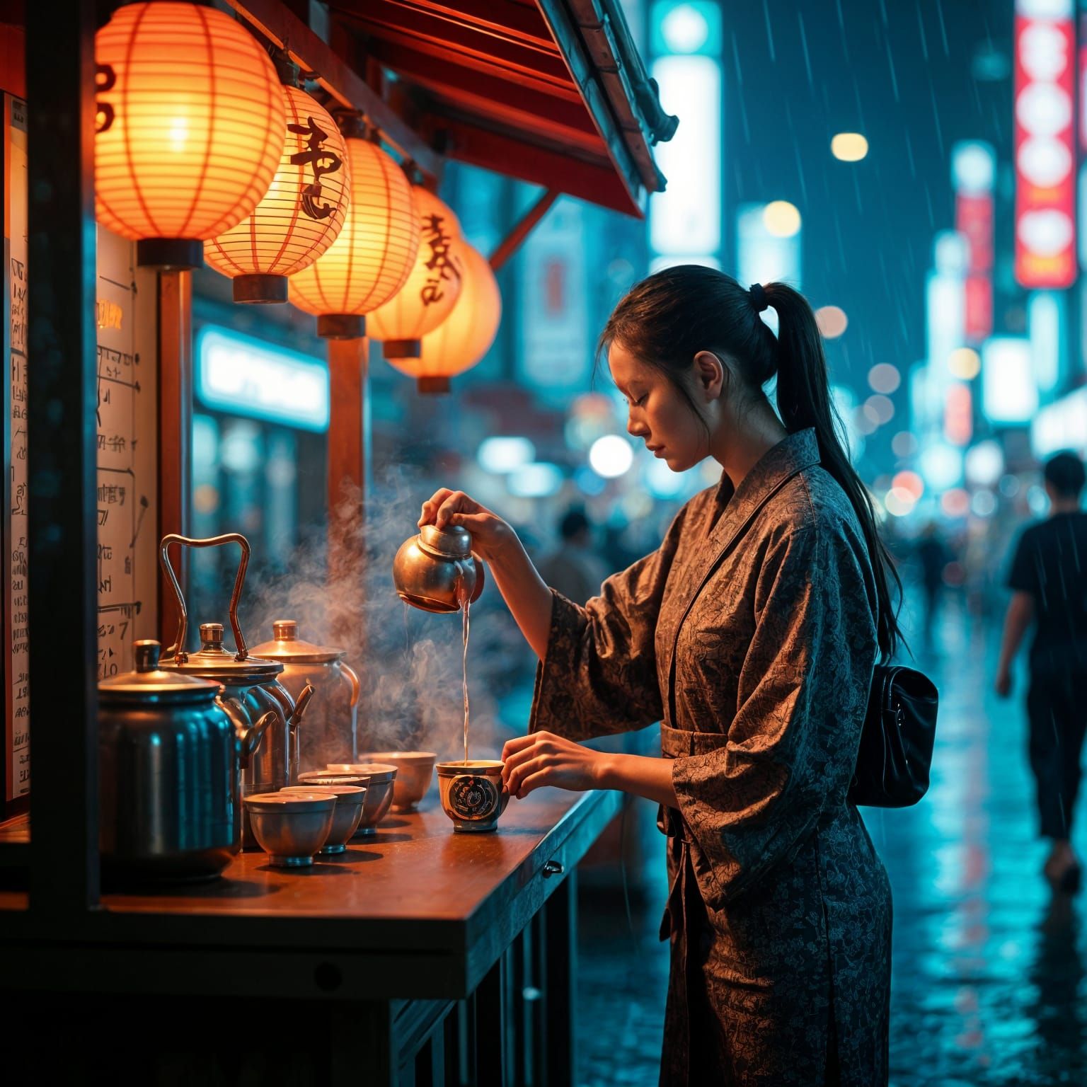 Cyberpunk Tea Vendor in Neon Japanese City